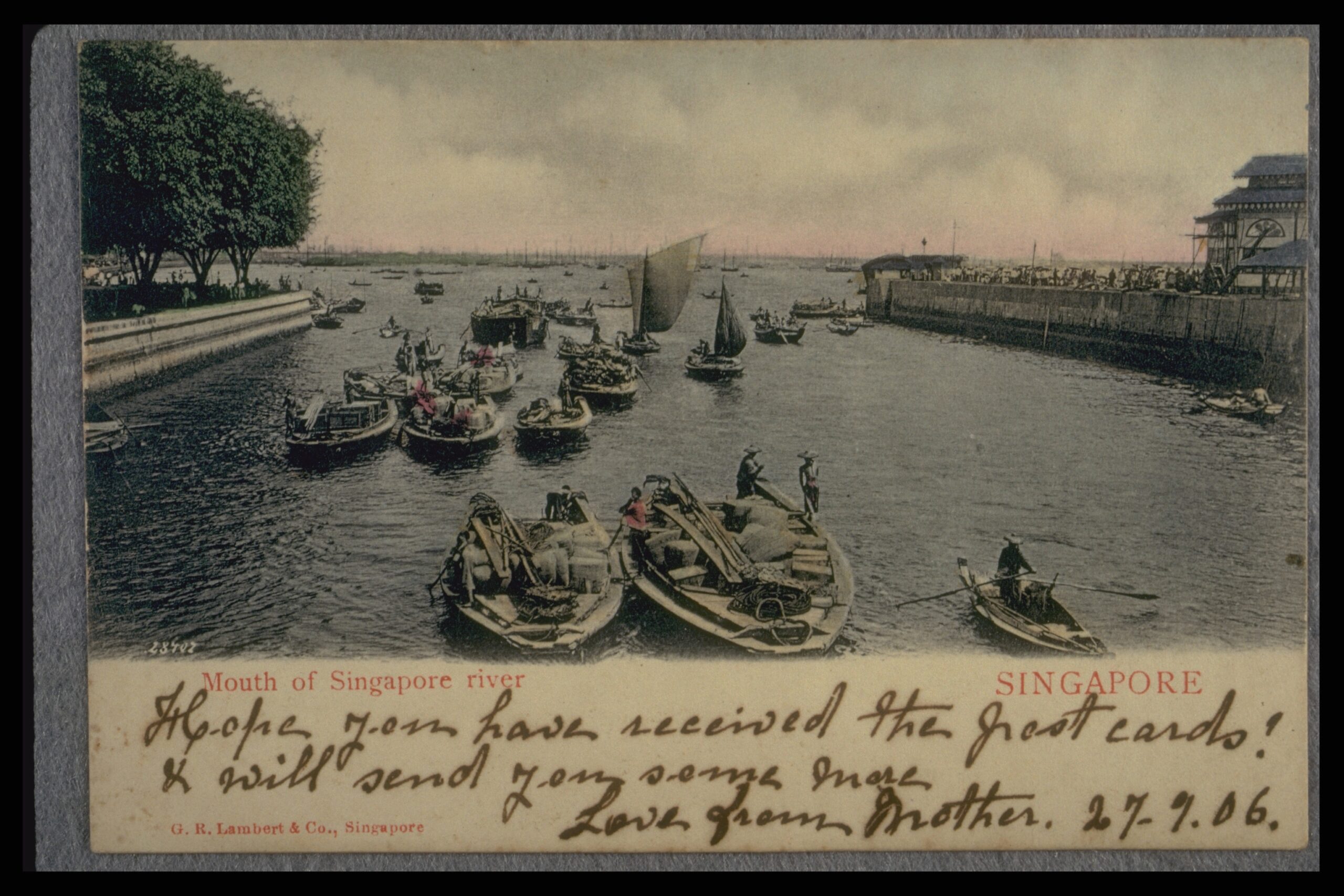 https://www.nas.gov.sg/archivesonline/photographs/record-details/adc1cc6b-1161-11e3-83d5-0050568939ad

Description Edited by NAS: Twakows or small lighters at mouth of the Singapore River. Operation of these craft was largely in the hands of Hokkiens and Teochews.
Covering Date: 1905

Credit Line: Arshak C Galstaun Collection, courtesy of National Archives of Singapore
Remarks: This image is reproduced from a postcard published by G R Lambert & Co.

