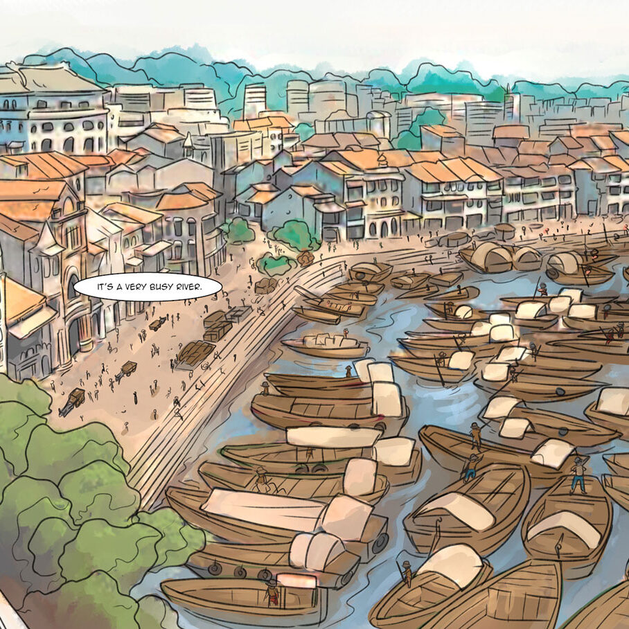 a river and bank busy